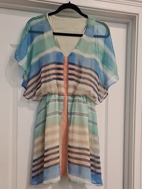 Anthropologie - Lightweight Striped V-Neck Mini Dress in Mint & Blue